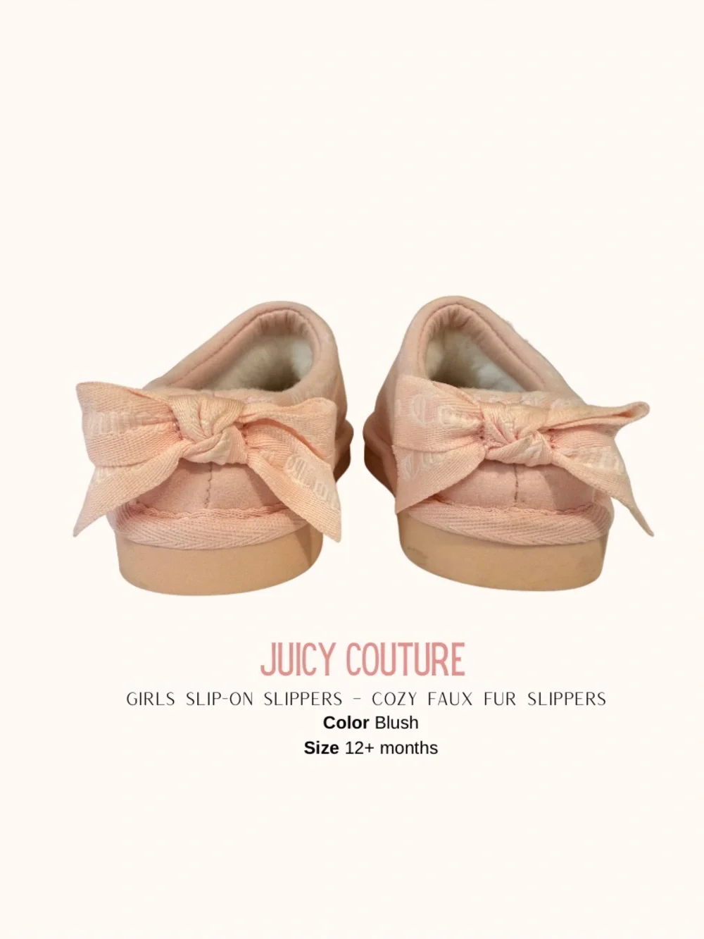 Juicy Couture Girls Blush Faux Fur Slip-On Slippers with Bow